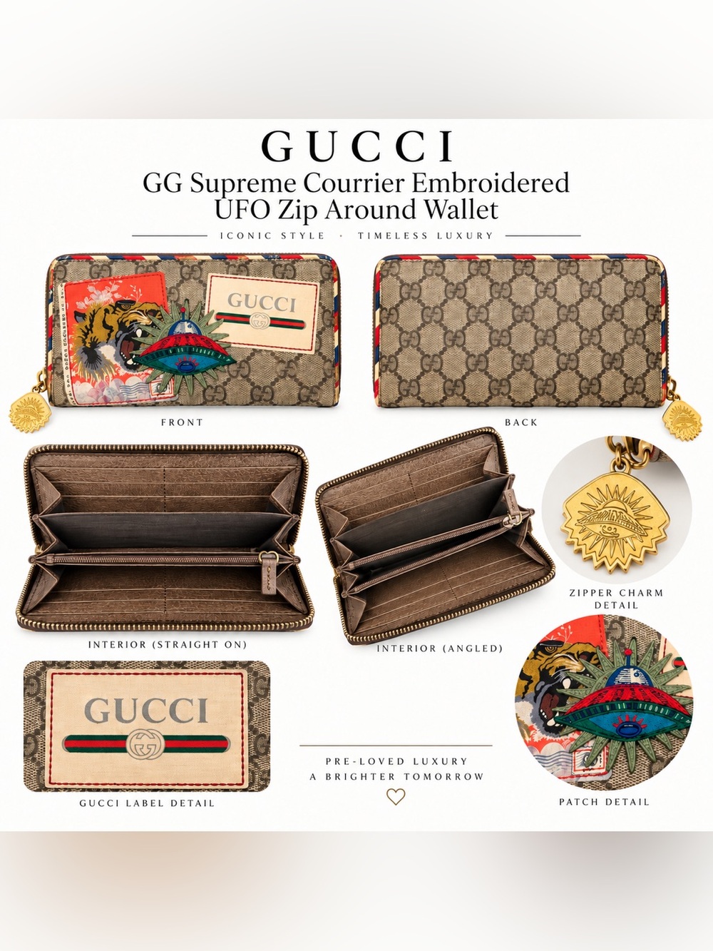 Gucci UFO Tiger GG Supreme Courrier Embroidered Zip Around Wallet Brown POP